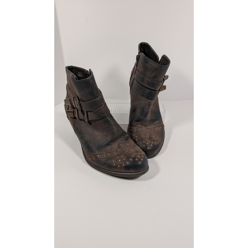 Ruff Hewn Dunlap Brown Distressed Studded Buckle Ankle Boots Womens 9M